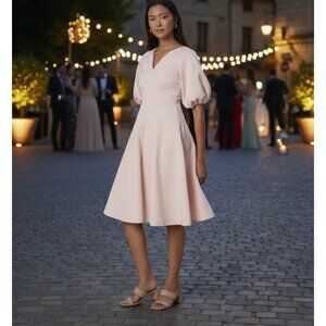 Blush Pink Puff Sleeve Fit & Flare Dress Size 10 Elegant Cocktail Evening Party